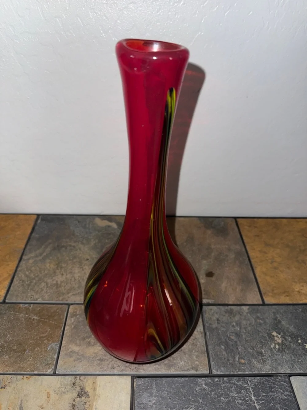 Pier 1 14.5 Red Handblown Glass Bud Vase with Multicolor Teardrop Accent